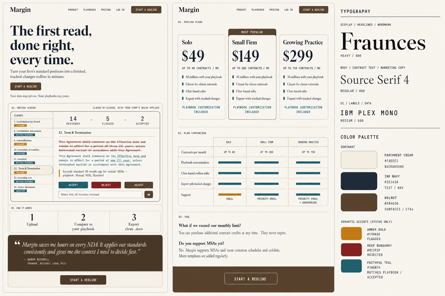 Brand and marketing-site concept board for Margin