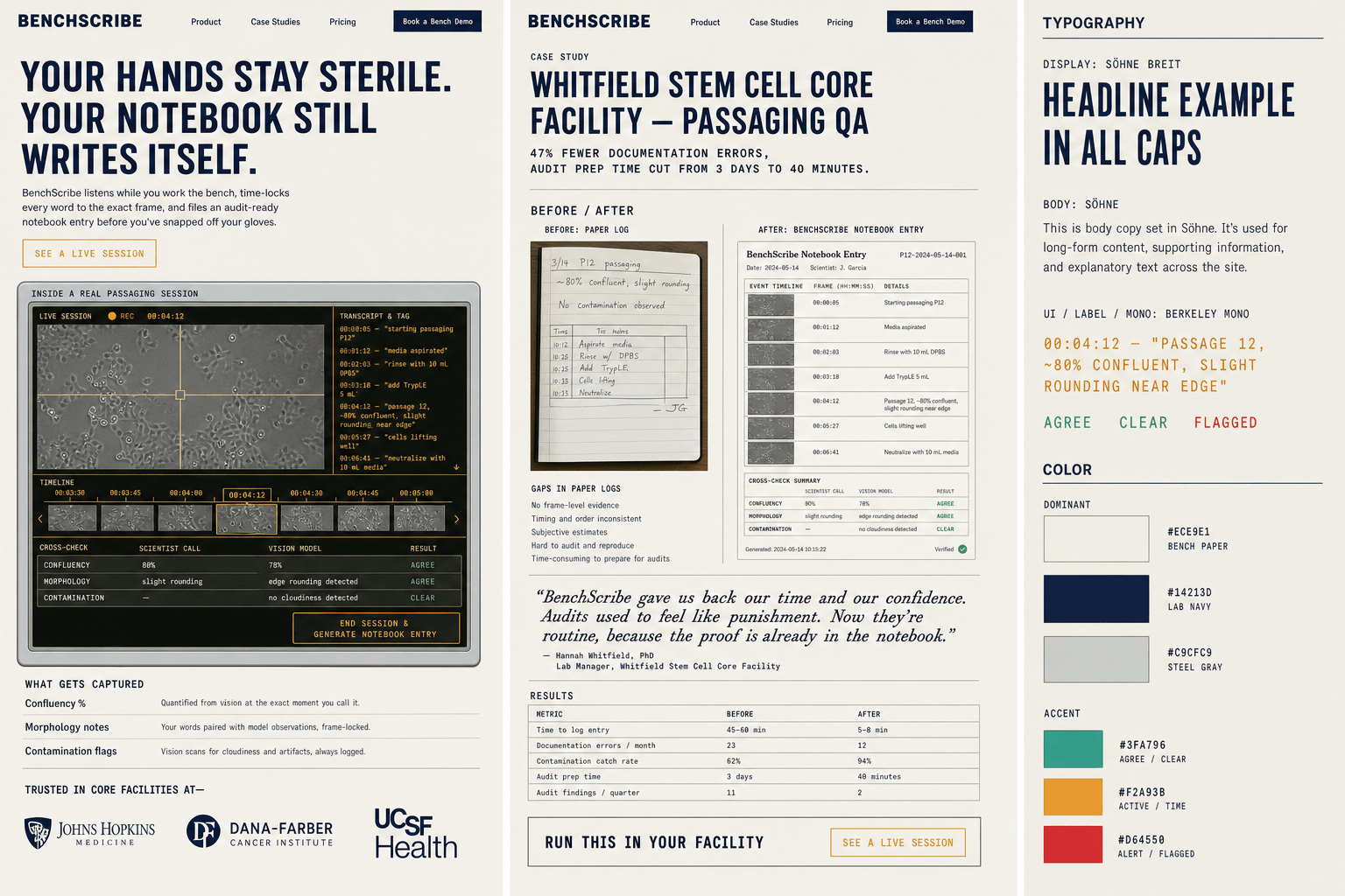 Brand and marketing-site concept board for BenchScribe