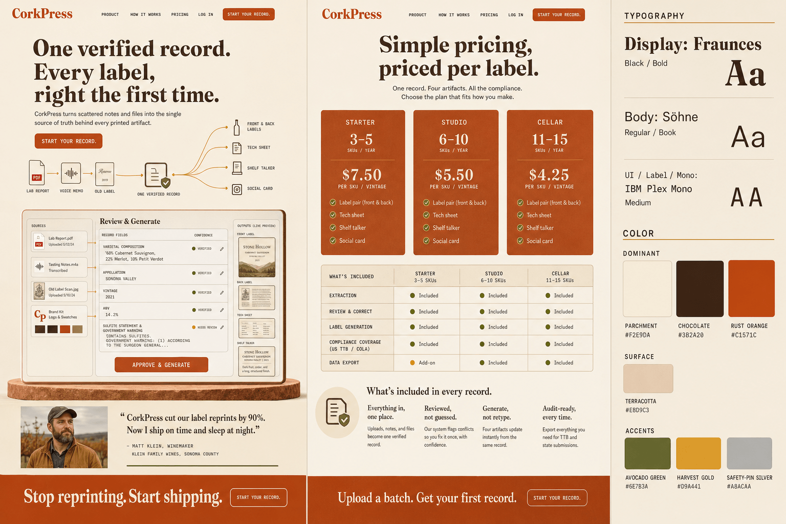 Brand and marketing-site concept board for CorkPress