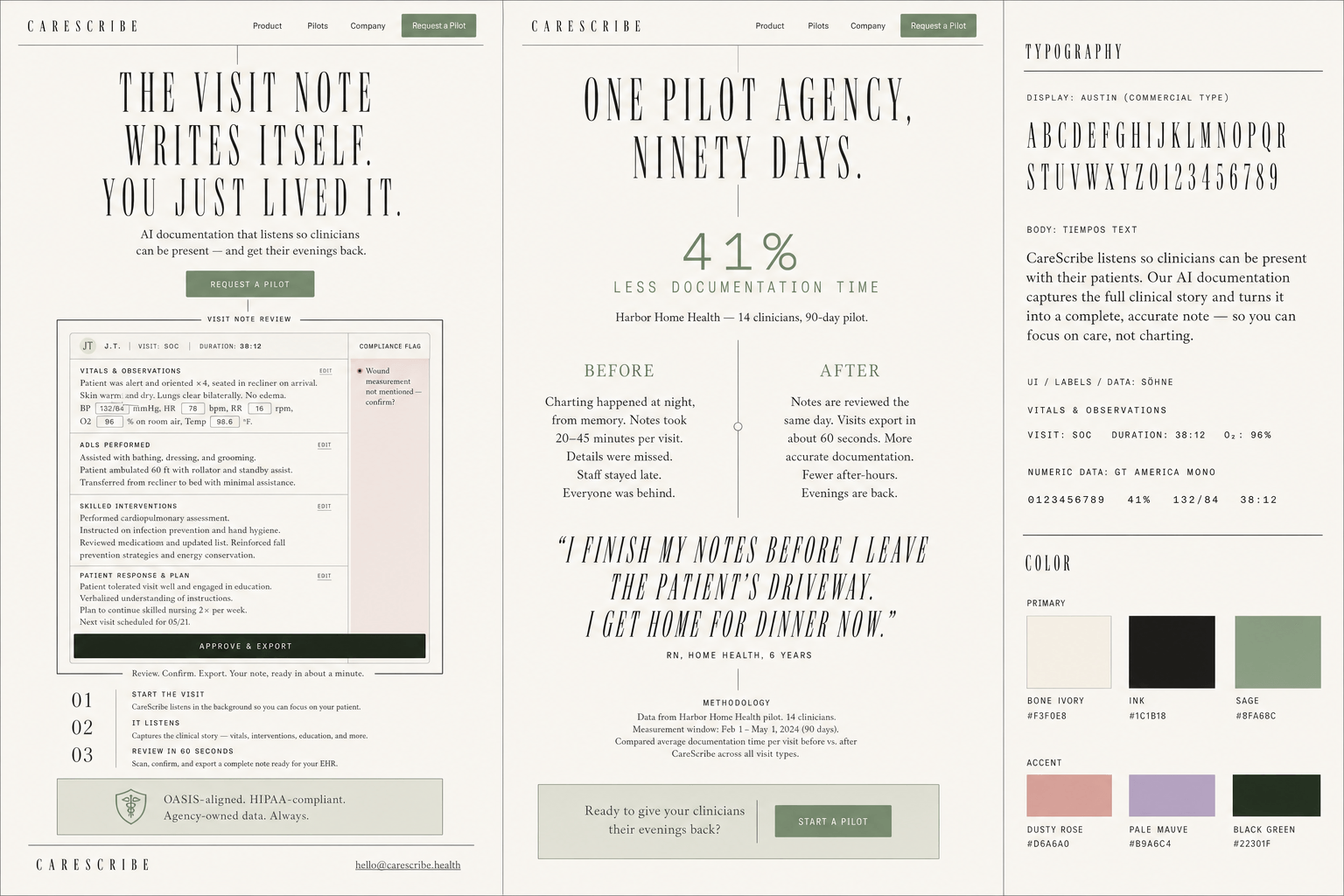 Brand and marketing-site concept board for CareScribe