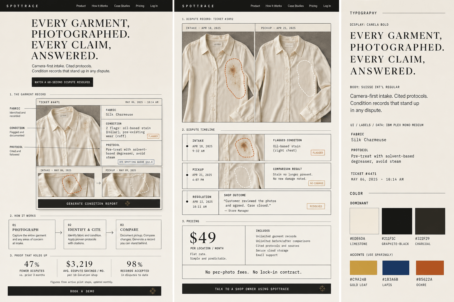 Brand and marketing-site concept board for SpotTrace