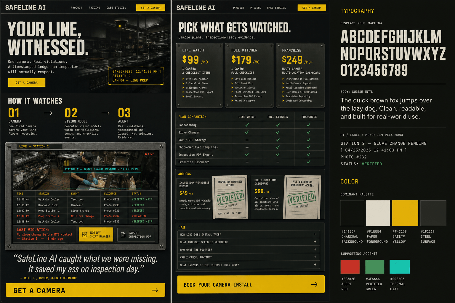 Brand and marketing-site concept board for SafeLine AI