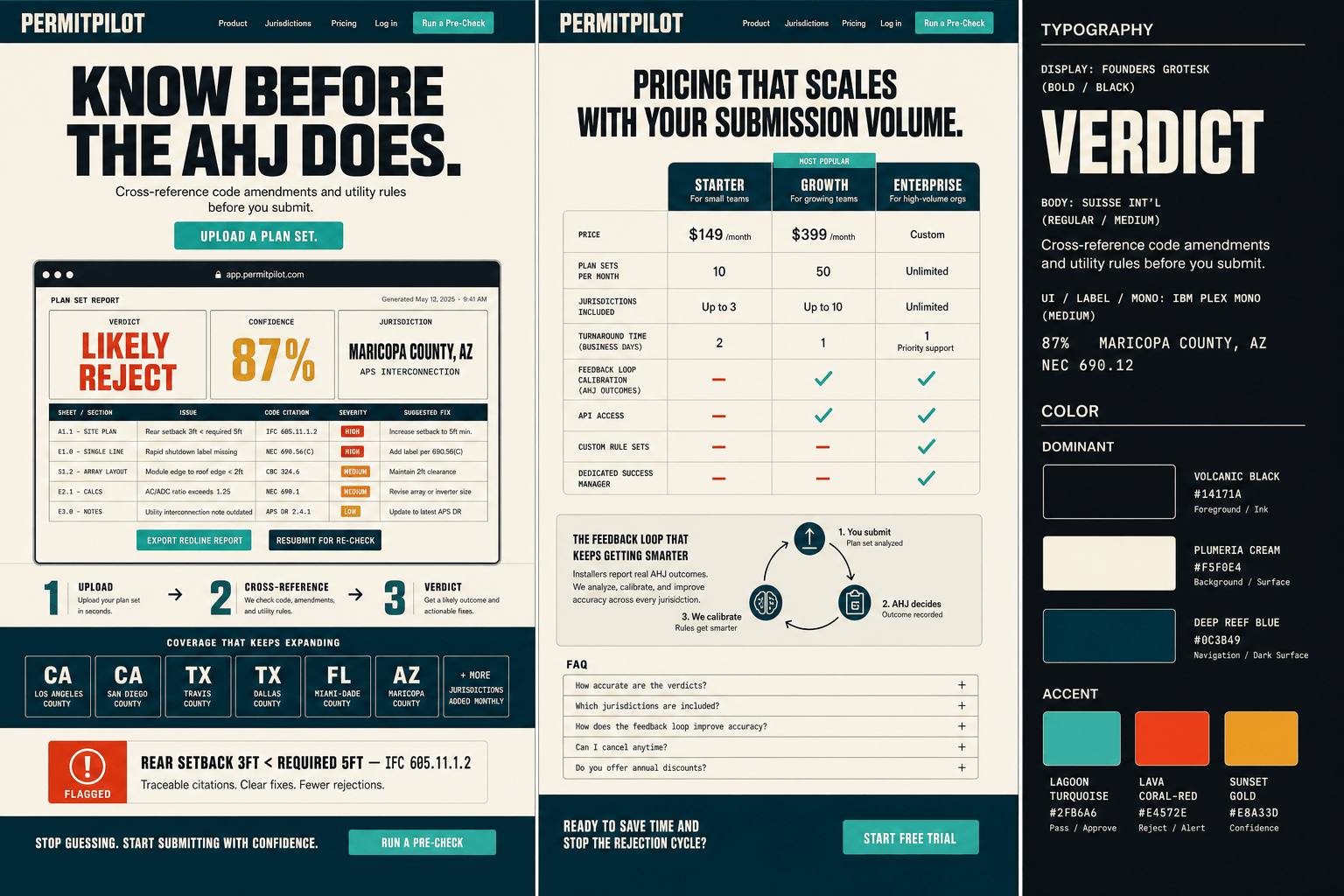 Brand and marketing-site concept board for PermitPilot