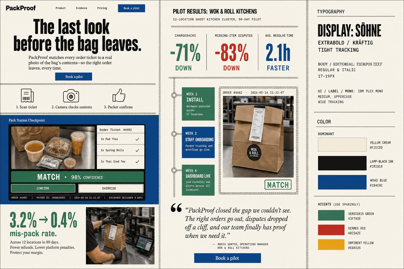 Brand and marketing-site concept board for PackProof