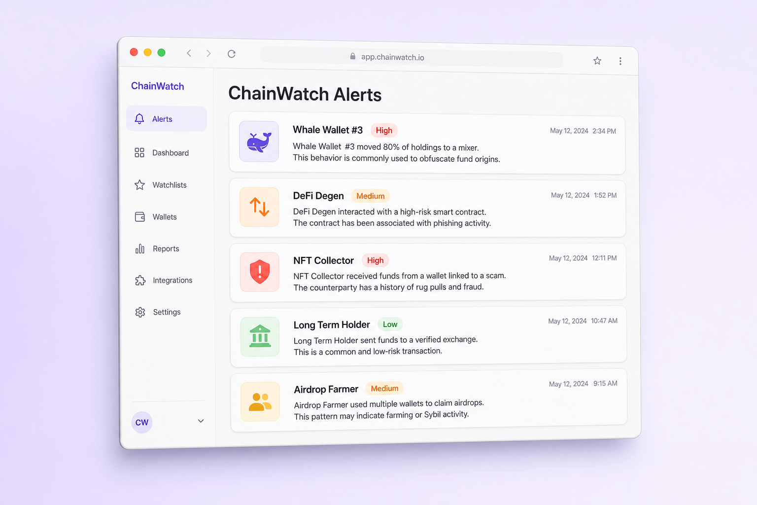 Brand and marketing-site concept board for ChainWatch