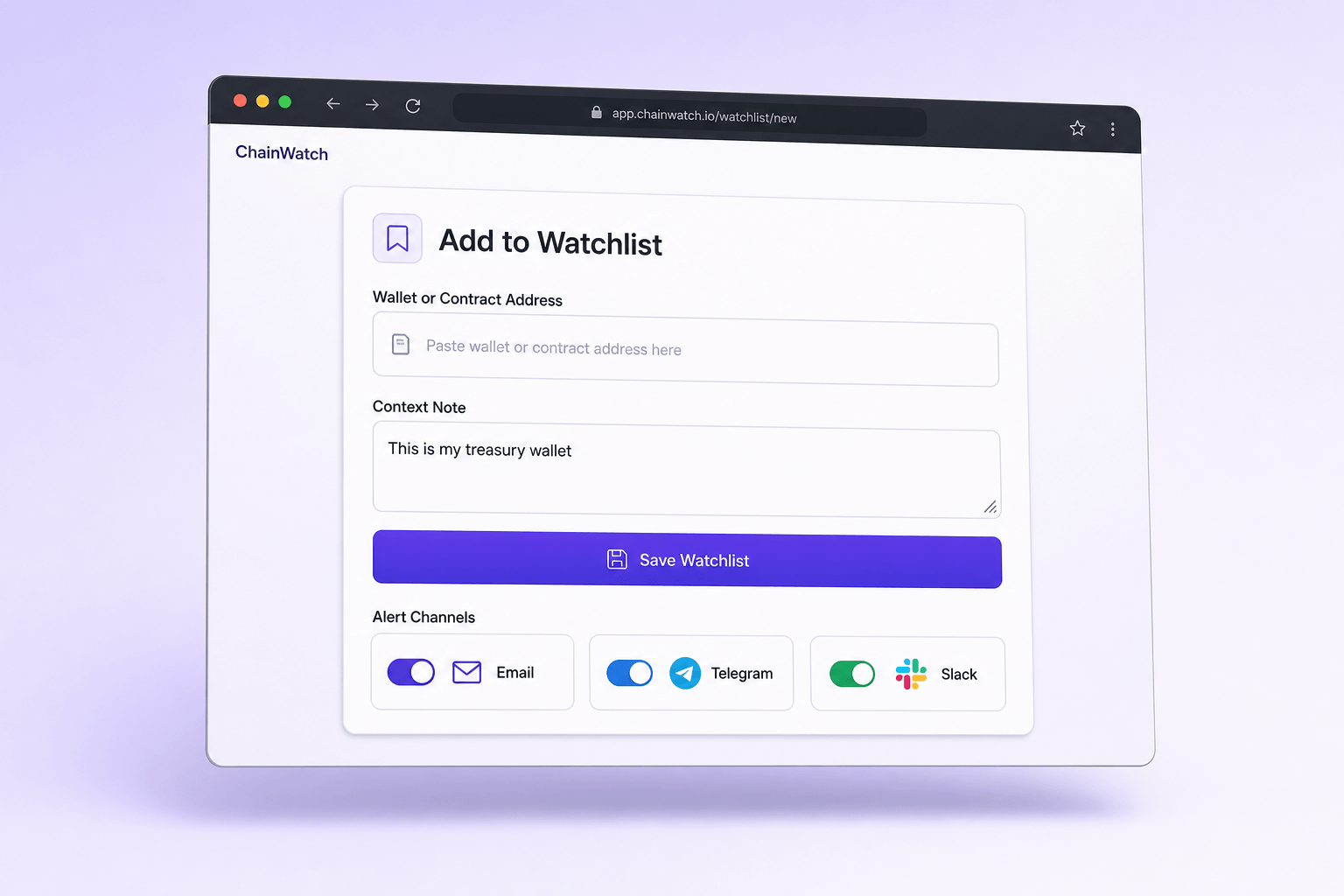 Brand and marketing-site concept board for ChainWatch