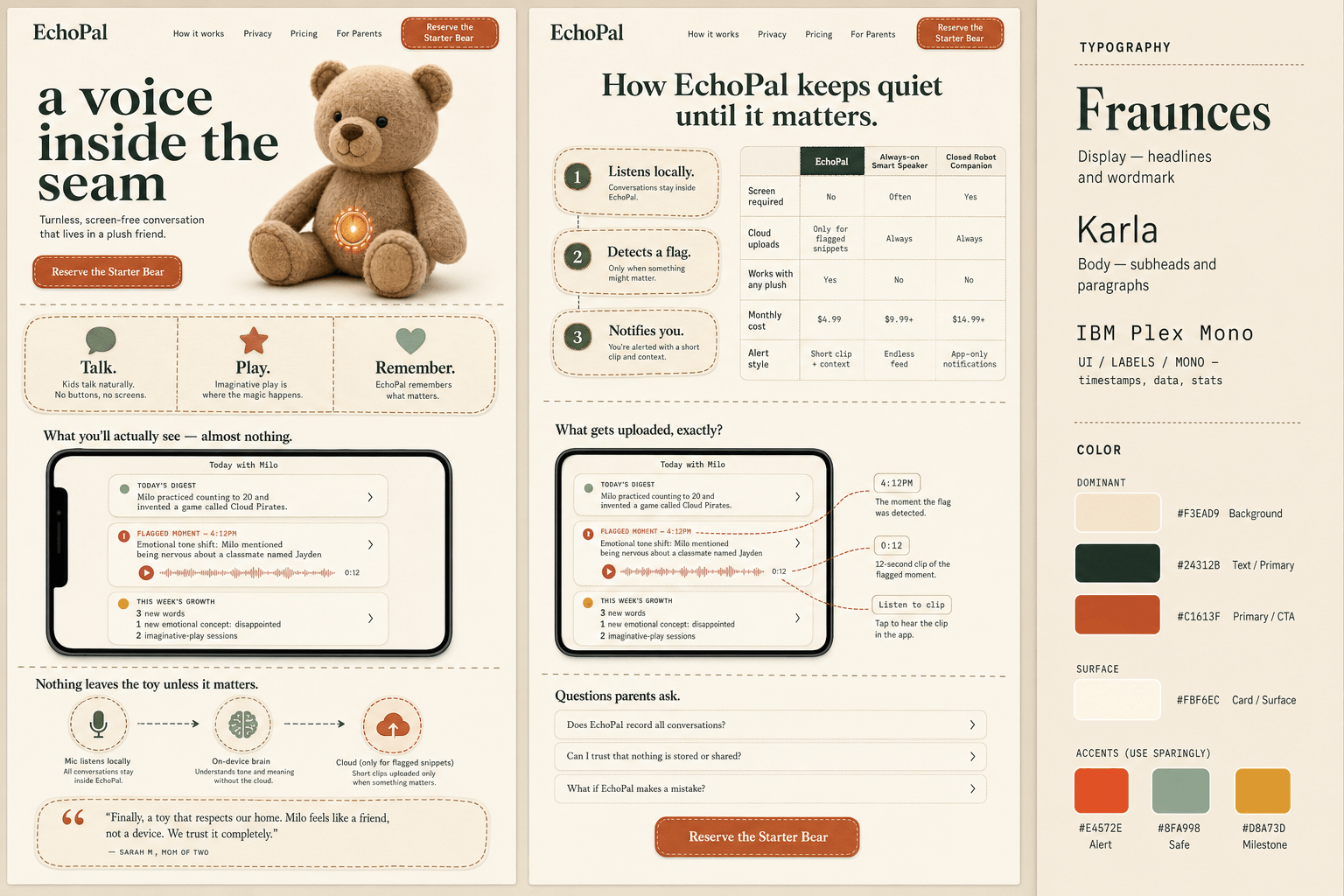 Brand and marketing-site concept board for EchoPal