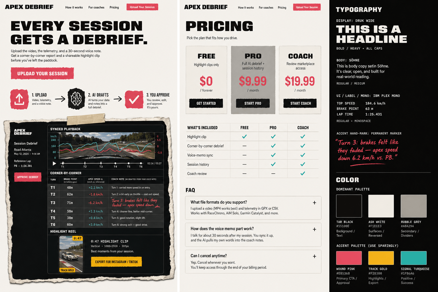 Brand and marketing-site concept board for Apex Debrief