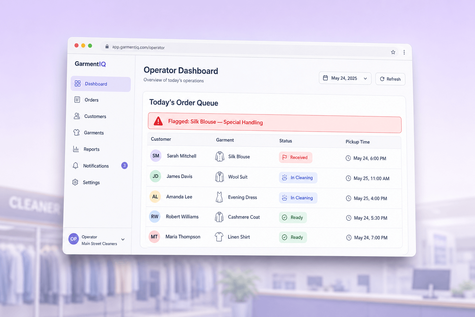 Brand and marketing-site concept board for GarmentIQ