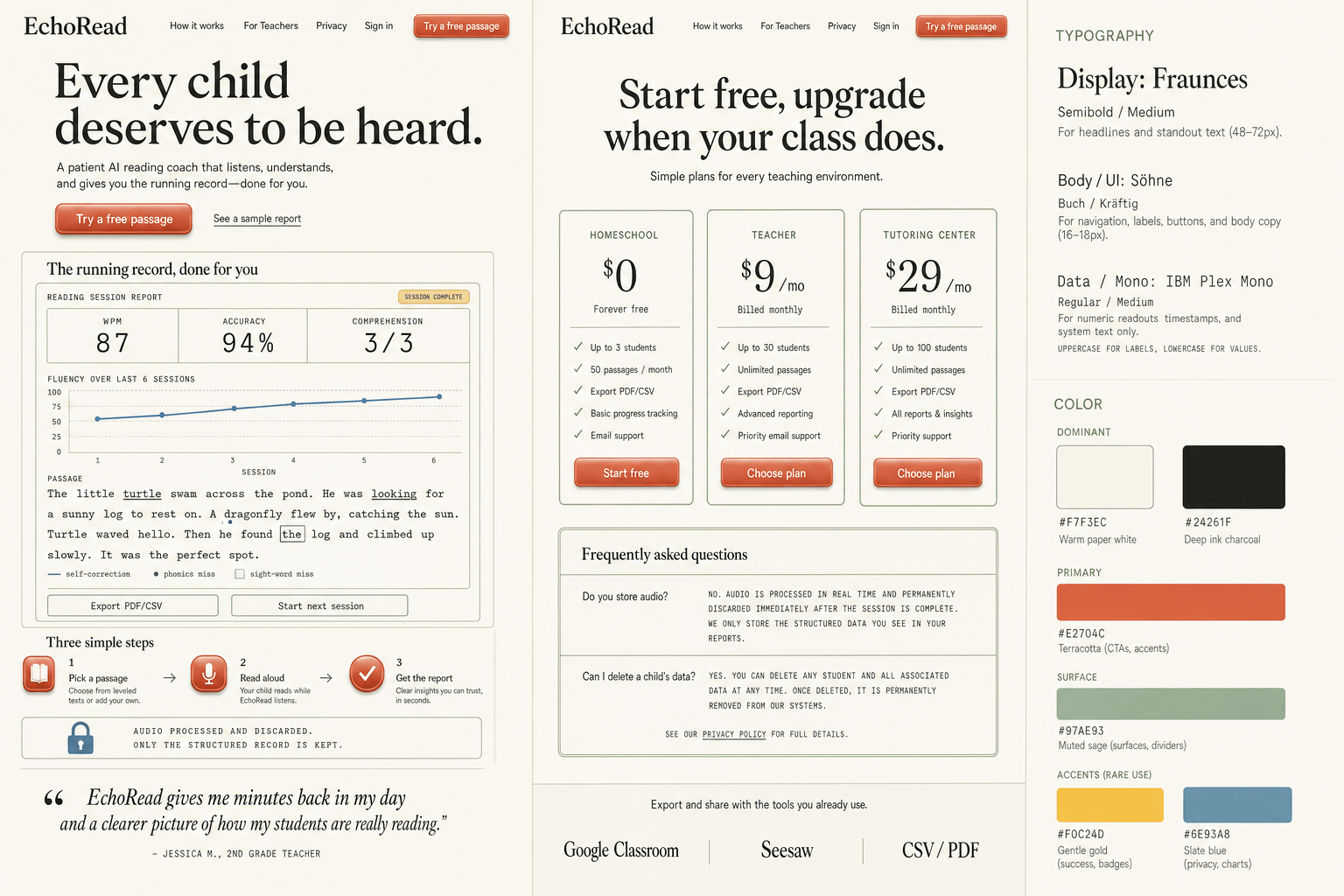 Brand and marketing-site concept board for EchoRead