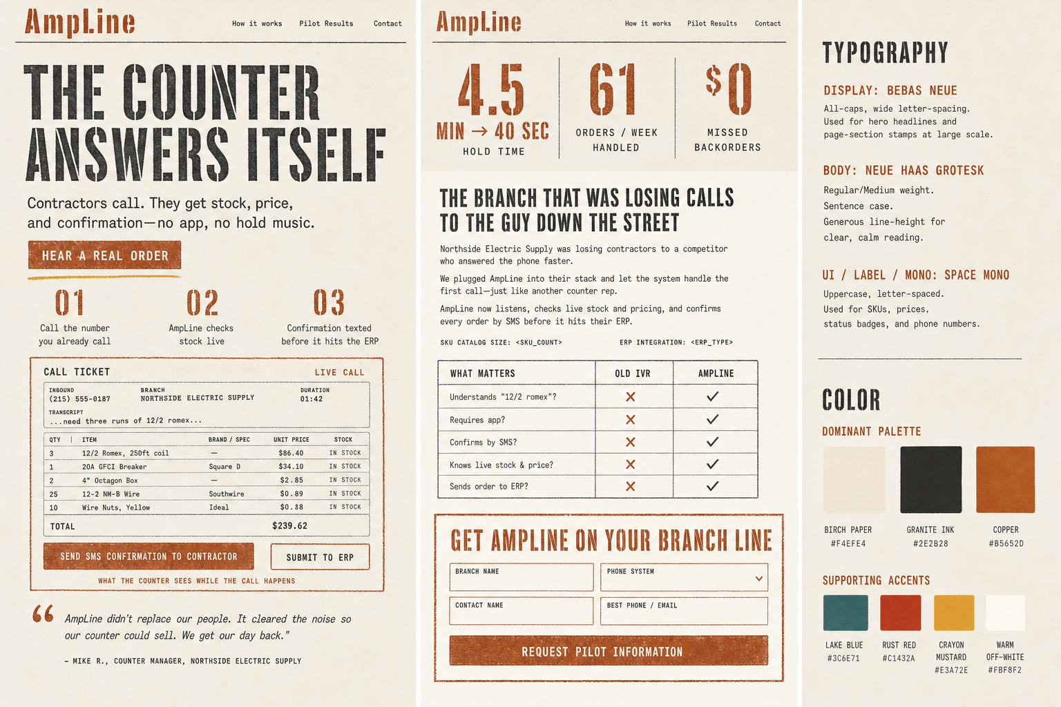Brand and marketing-site concept board for AmpLine