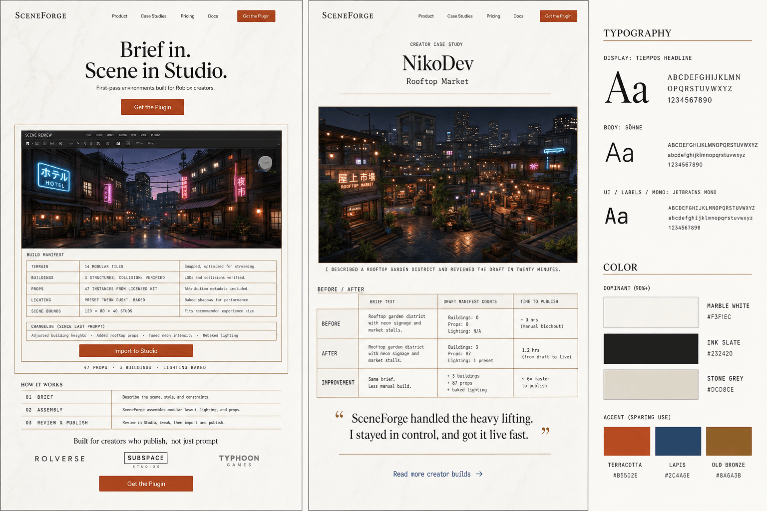 Brand and marketing-site concept board for SceneForge