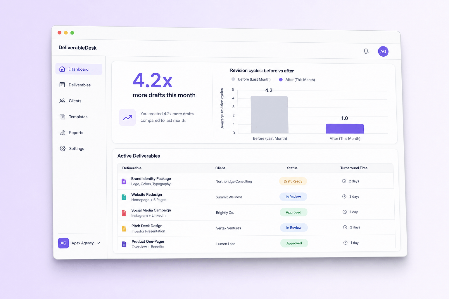 Brand and marketing-site concept board for DeliverableDesk