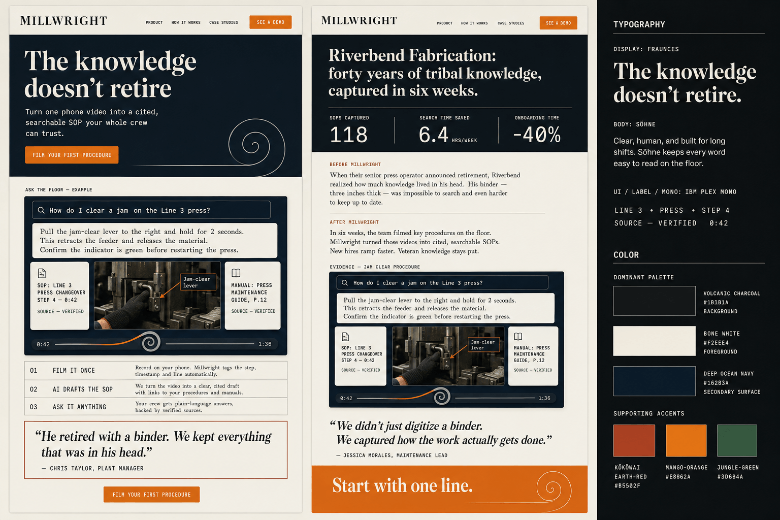 Brand and marketing-site concept board for Millwright