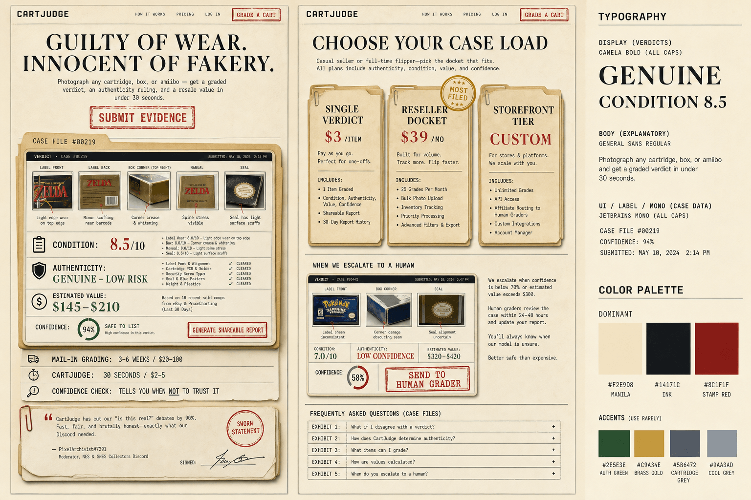 Brand and marketing-site concept board for CartJudge