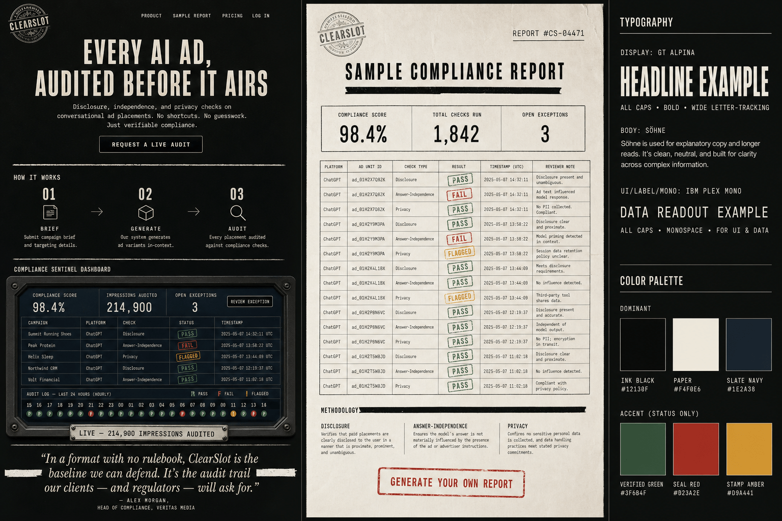 Brand and marketing-site concept board for ClearSlot