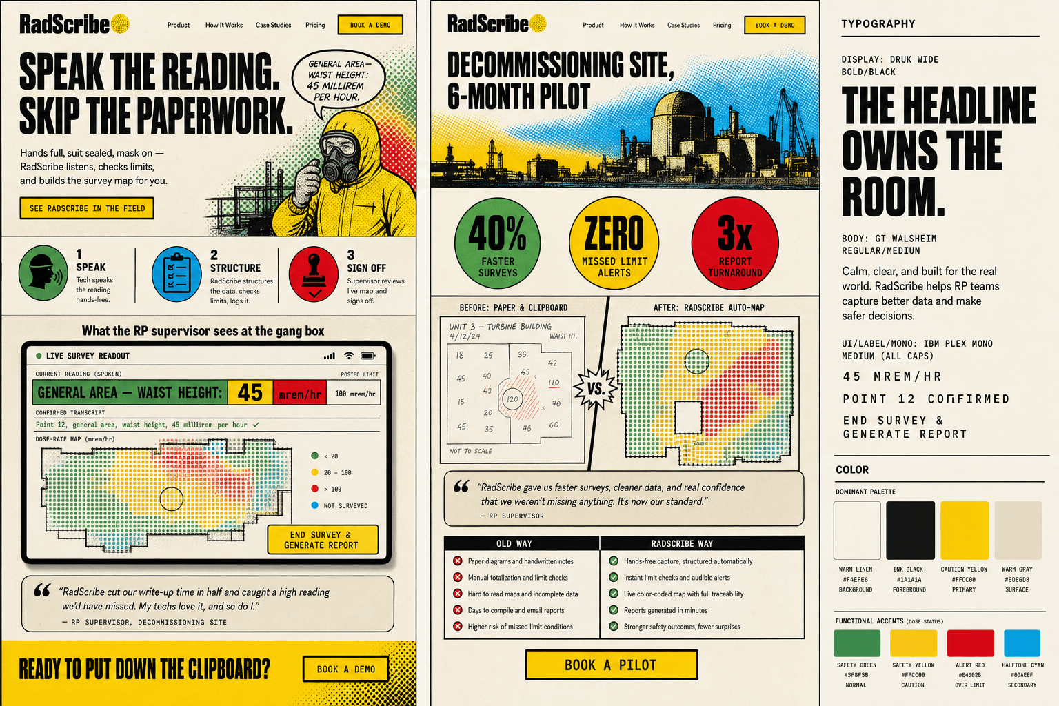 Brand and marketing-site concept board for RadScribe