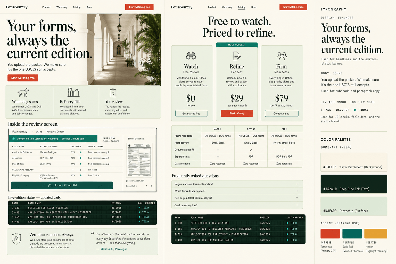 Brand and marketing-site concept board for FormSentry