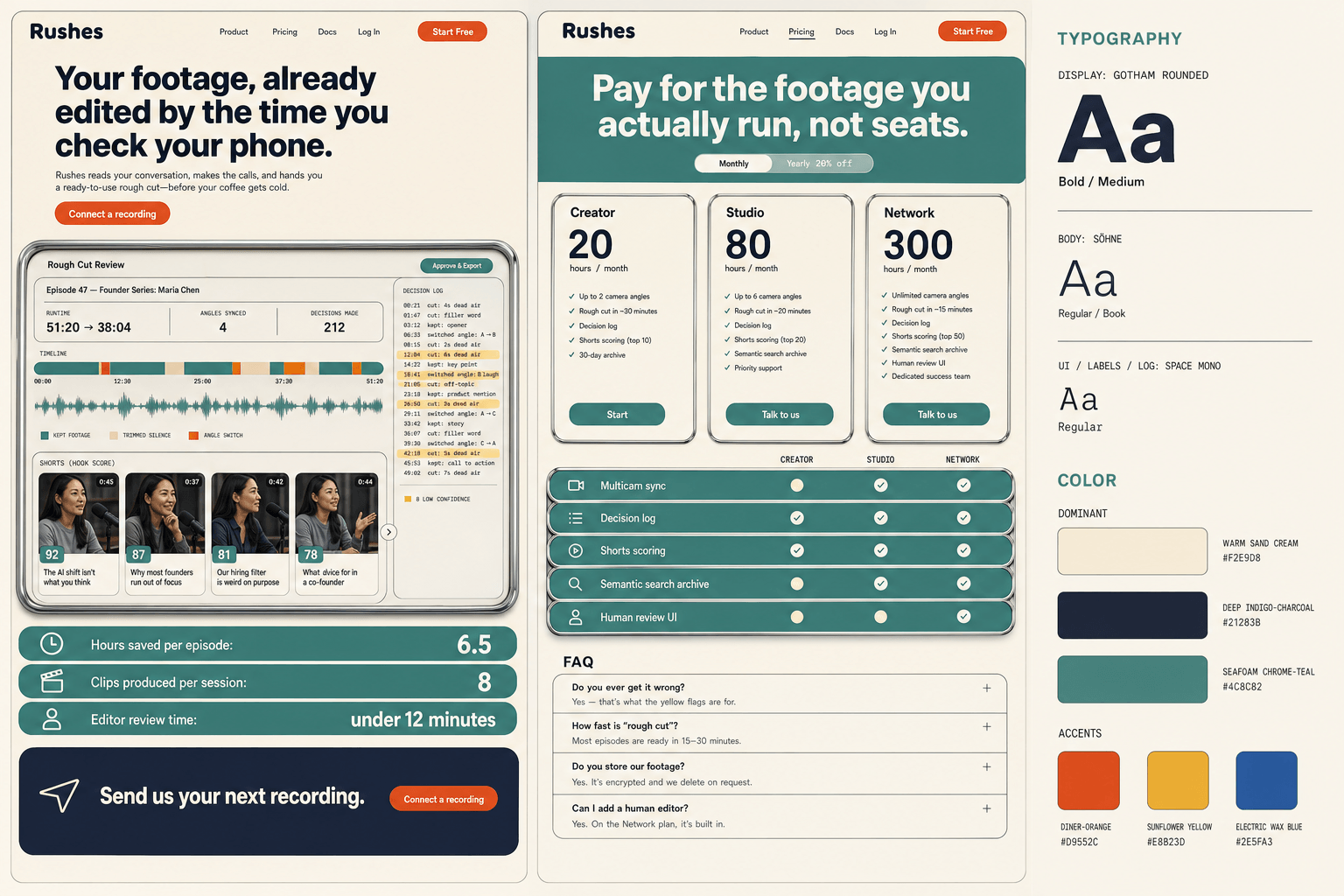 Brand and marketing-site concept board for Rushes