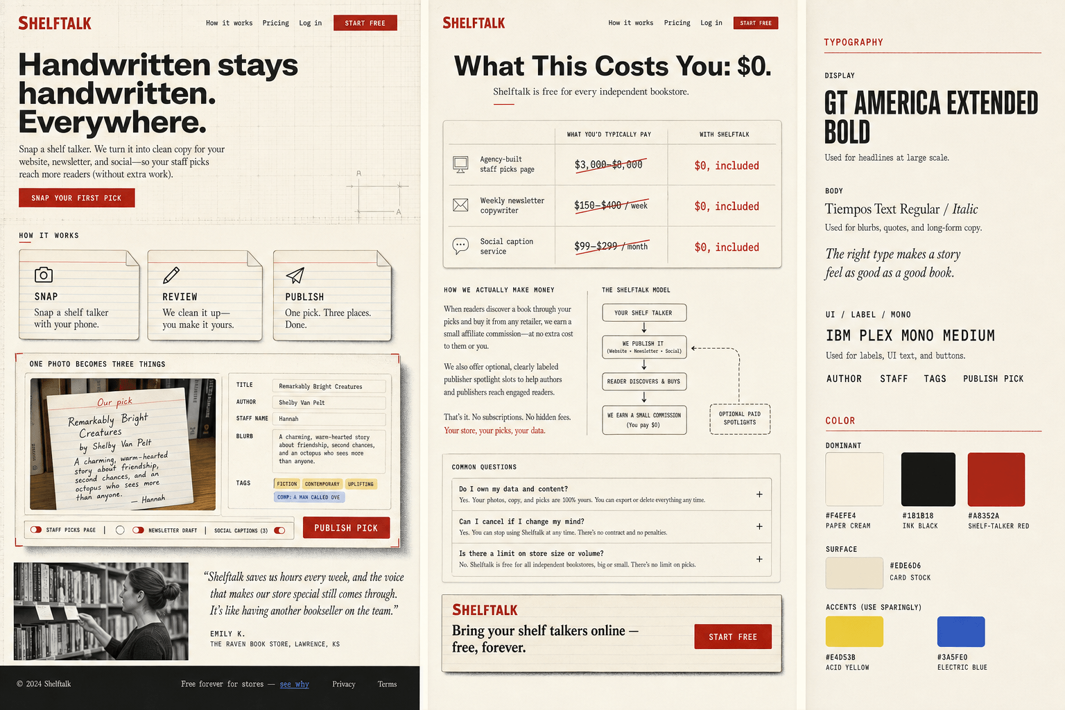 Brand and marketing-site concept board for Shelftalk