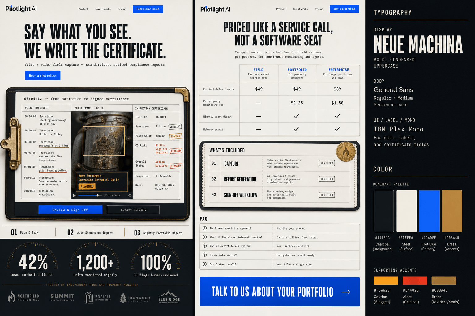 Brand and marketing-site concept board for Pilotlight AI