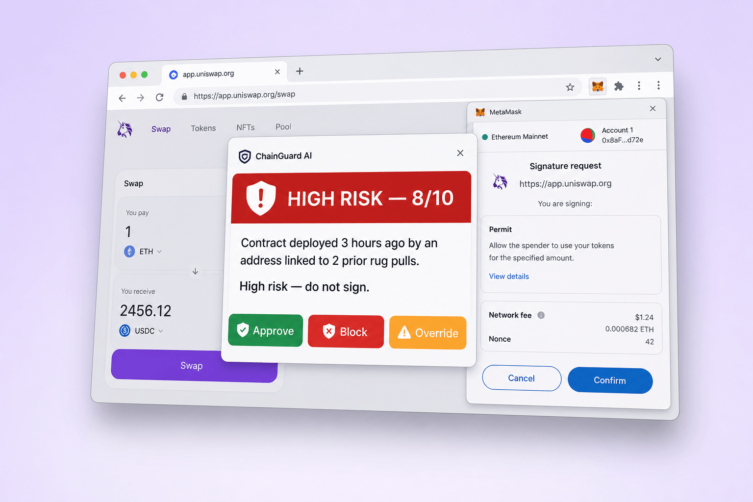 Brand and marketing-site concept board for ChainGuard AI