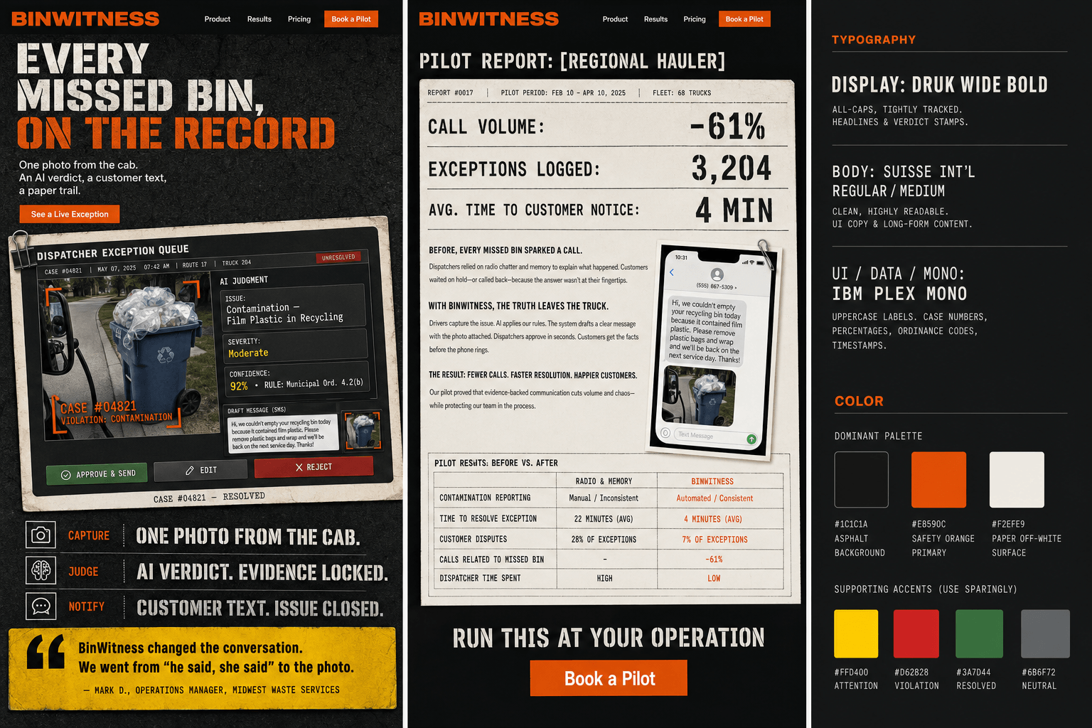 Brand and marketing-site concept board for BinWitness
