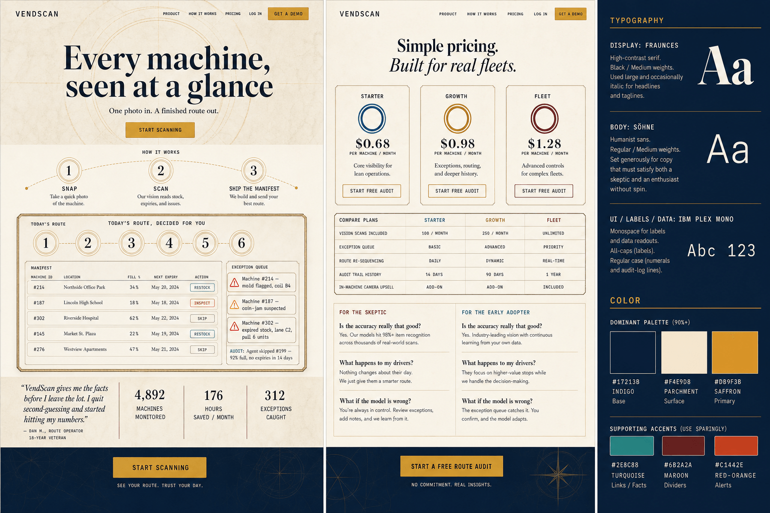 Brand and marketing-site concept board for VendScan
