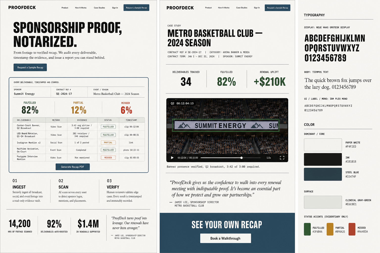 Brand and marketing-site concept board for ProofDeck